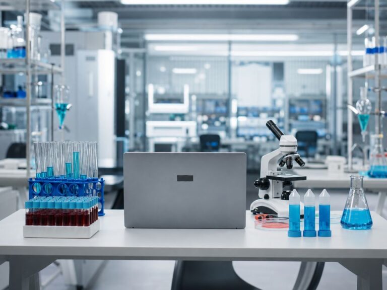 Smart LIMS em laboratório analítico com computador, microscópio, amostras e vidrarias para gestão integrada de dados.