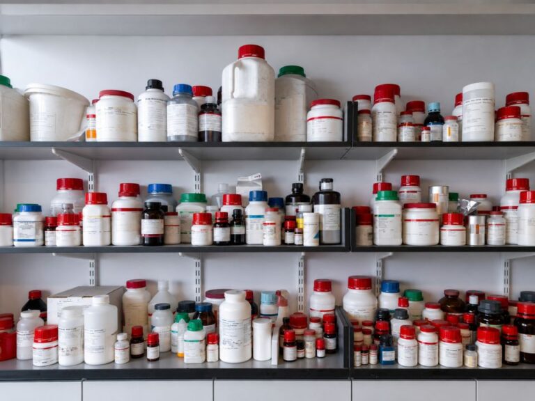 Frascos de reagentes químicos armazenados em laboratório, representando a importância da vida útil de reagentes após abertura, controle de estabilidade e boas práticas de armazenamento para garantir resultados analíticos confiáveis.