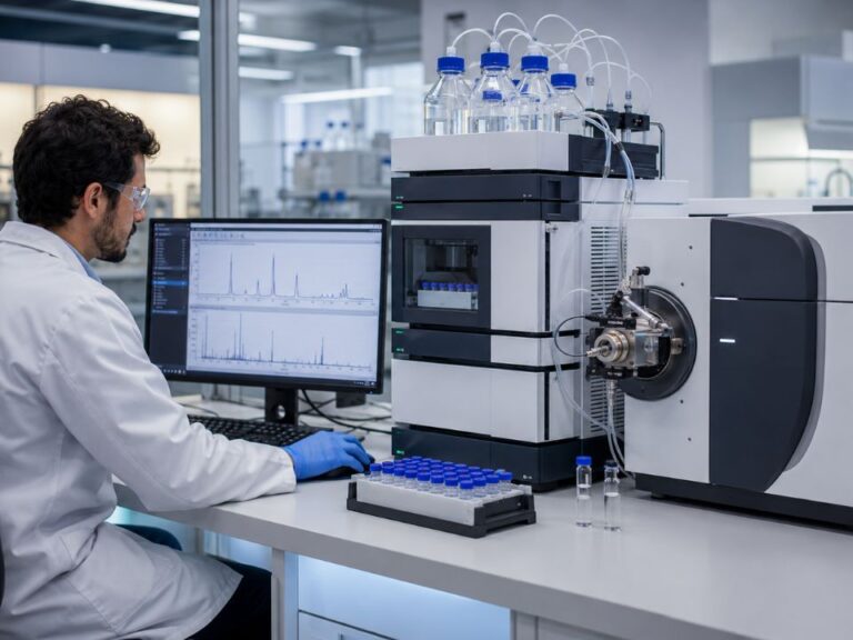 Pesquisador opera um sistema de cromatografia líquida acoplada à espectrometria de massas (LC-MS) em laboratório de controle de qualidade, com monitor exibindo cromatogramas e espectros, ilustrando aplicações da espectrometria de massas de alta resolução e do triplo quadrupolo em análises farmacêuticas.