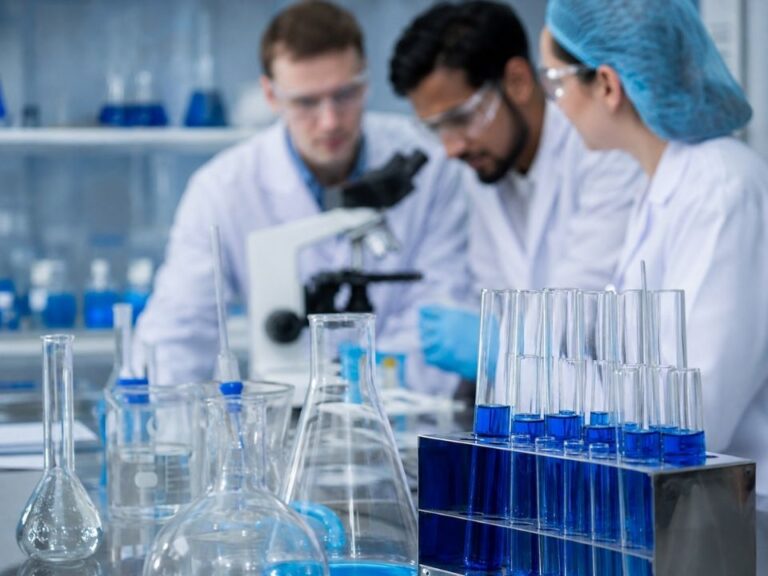 Profissionais em laboratório analítico com tubos de ensaio contendo solução azul, tema da RDC Anvisa nº 1.039/2026.