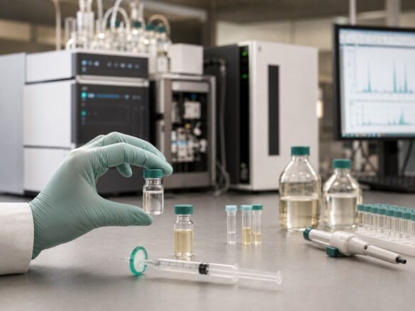 Análise de extraíveis e lixiviáveis por LC-MS com extrato preparado para caracterização química e análise não direcionada.