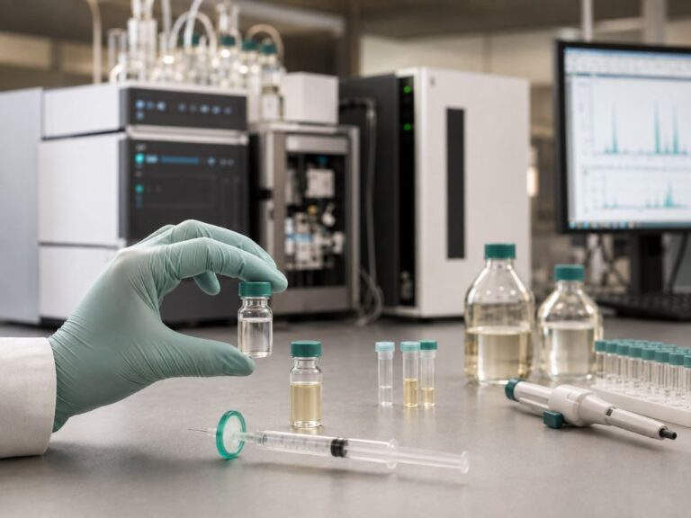 Análise de extraíveis e lixiviáveis por LC-MS com extrato preparado para caracterização química e análise não direcionada.
