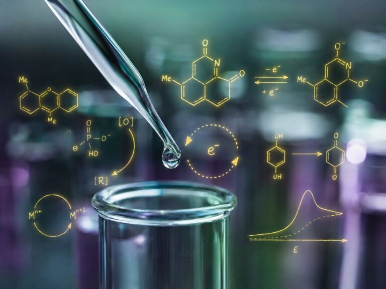 Pipeta com gota sobre recipiente de vidro e estruturas químicas que representam transferência de elétrons e seletividade redox.