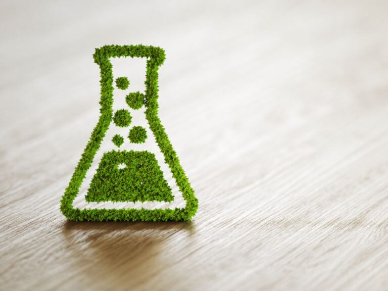 Sustentabilidade em laboratórios analíticos representada por frasco de laboratório formado por vegetação verde.