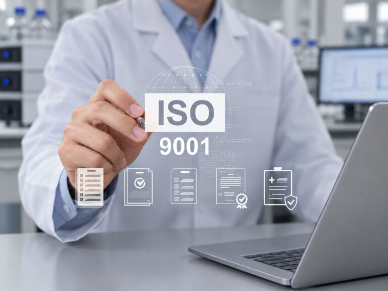 Profissional interage com interface de gestão da qualidade, ilustrando a atualização da ABNT NBR ISO 9001:2026.