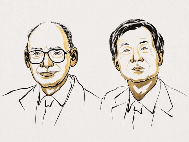 Retratos ilustrados de Henri B. Kagan e Kenso Soai, laureados com o Nobel de Química 2026.